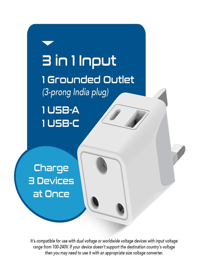 سبتكس محول سفر من سيبتس، من الهند إلى المملكة المتحدة، قابس 3 في 1 مع منفذ USB واحد ومنفذ USB-C واحد، متوافق مع قابس سنغافورة من النوع G، مناسب لأجهزة الكمبيوتر المحمولة والهواتف ذات الدبابيس الهندية - حاصل على شهادتي CE وRoHS - أبيض، قطعة واحدة - Image 2